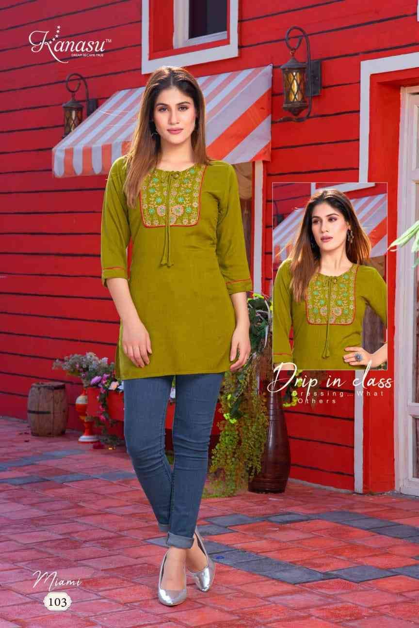 Miami By Kanasu 101 To 108 Series Designer Stylish Fancy Colorful Beautiful Party Wear & Ethnic Wear Collection Rayon Embroidery Tops At Wholesale Price