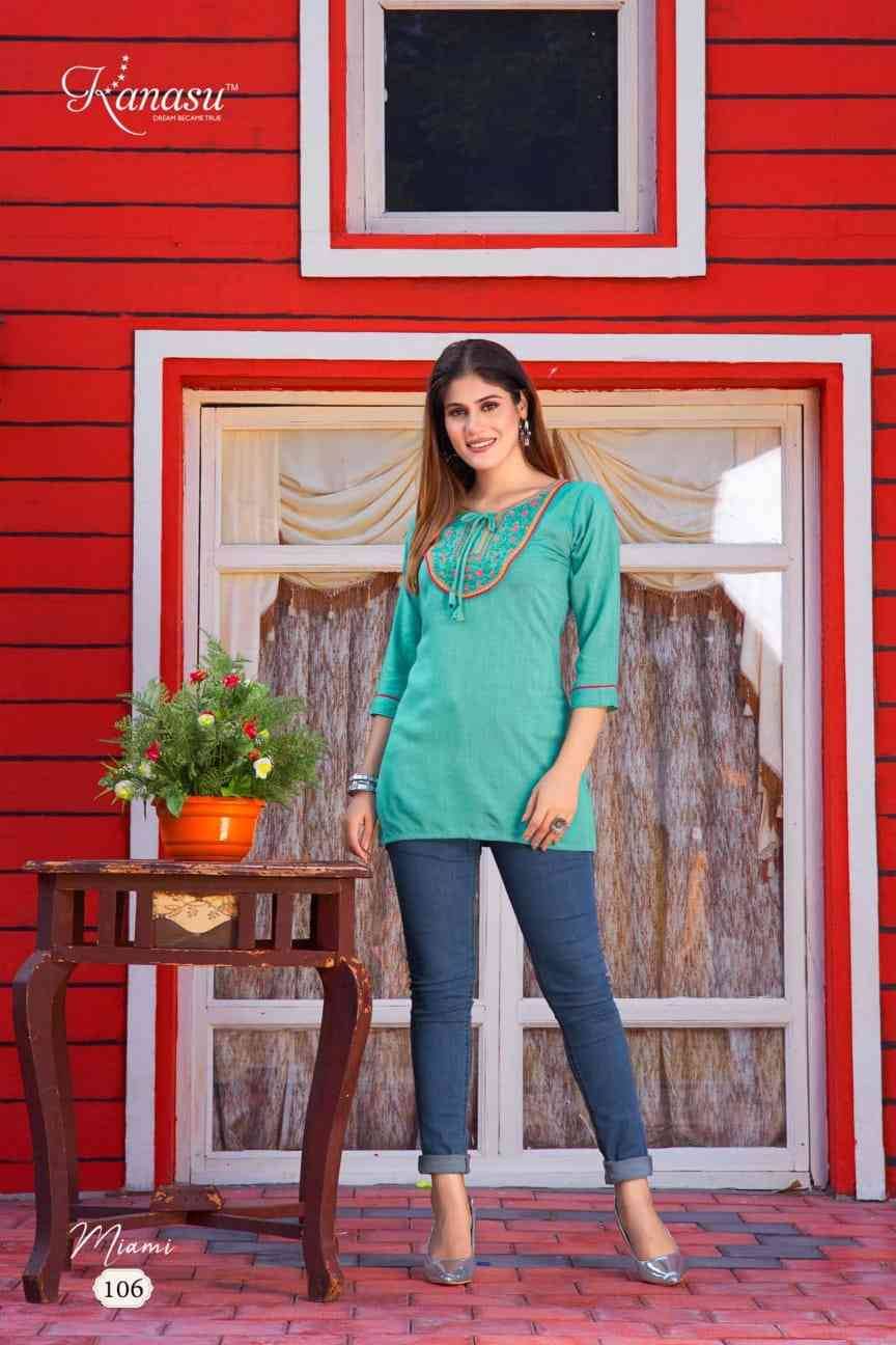 Miami By Kanasu 101 To 108 Series Designer Stylish Fancy Colorful Beautiful Party Wear & Ethnic Wear Collection Rayon Embroidery Tops At Wholesale Price