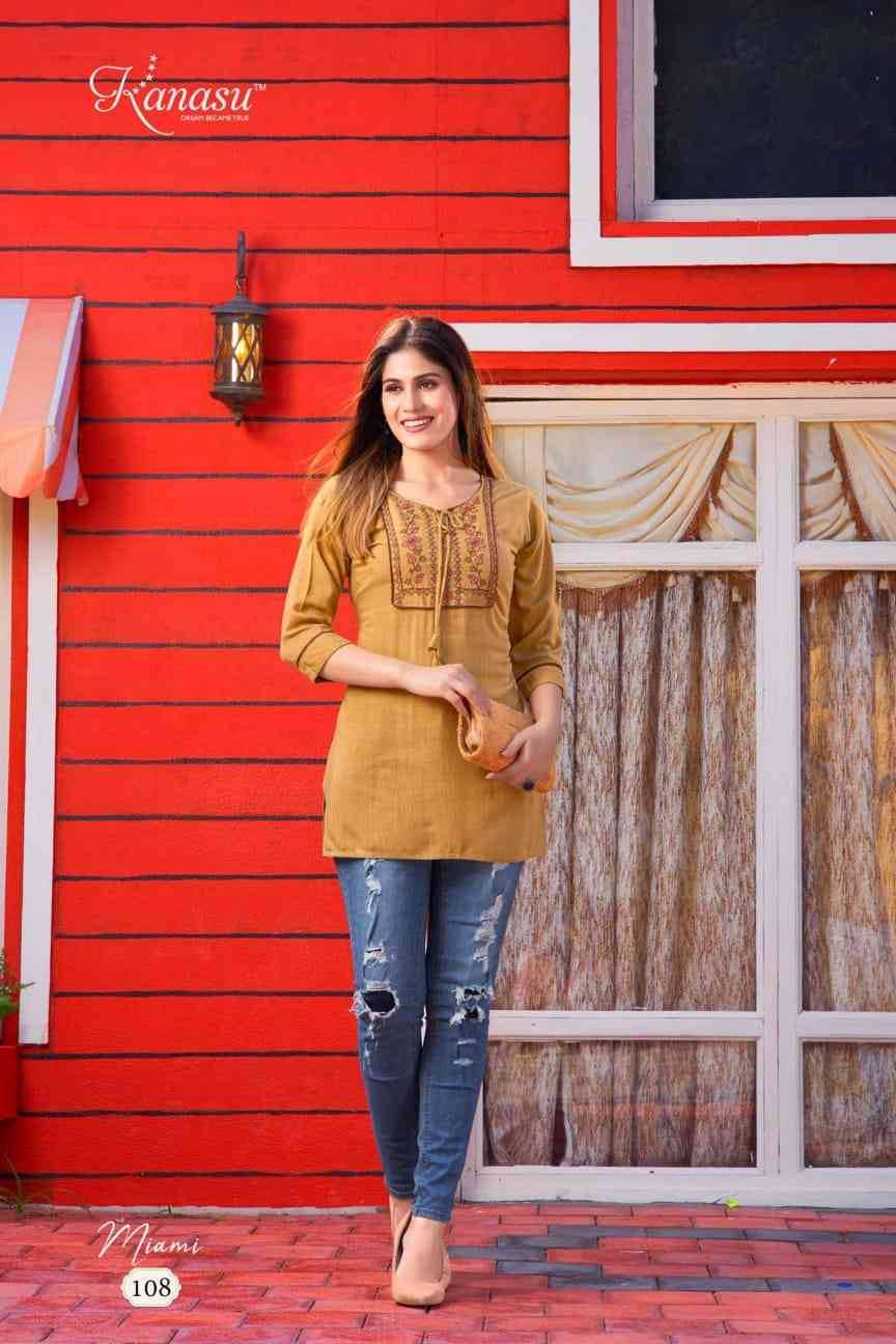 Miami By Kanasu 101 To 108 Series Designer Stylish Fancy Colorful Beautiful Party Wear & Ethnic Wear Collection Rayon Embroidery Tops At Wholesale Price