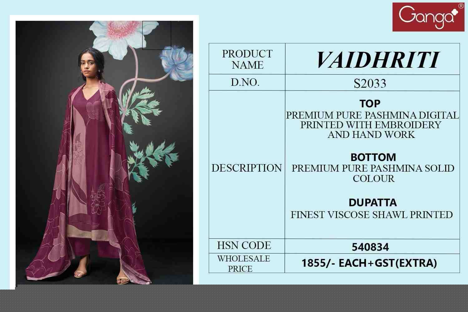 Vaidhriti-2033 By Ganga Fashion 2033-A To 2033-D Series Beautiful Festive Suits Colorful Stylish Fancy Casual Wear & Ethnic Wear Pure Pashmina Embroidered Dresses At Wholesale Price