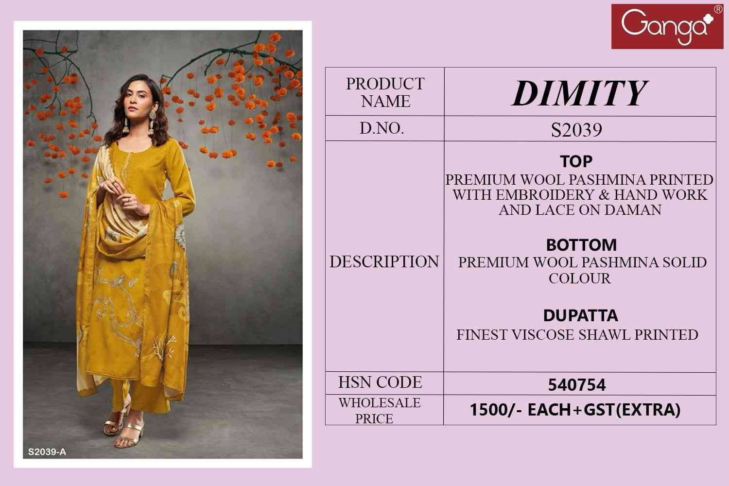 Dimity-2039 By Ganga Fashion 2039-A To 2039-D Series Beautiful Festive Suits Colorful Stylish Fancy Casual Wear & Ethnic Wear Pure Pashmina Embroidered Dresses At Wholesale Price