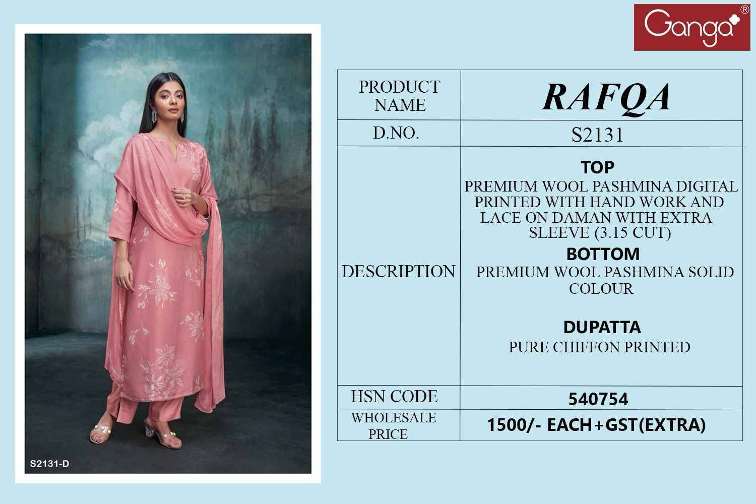 Rafqa-2131 By Ganga Fashion 2131-A To 2131-D Series Beautiful Festive Suits Colorful Stylish Fancy Casual Wear & Ethnic Wear Pure Pashmina Embroidered Dresses At Wholesale Price