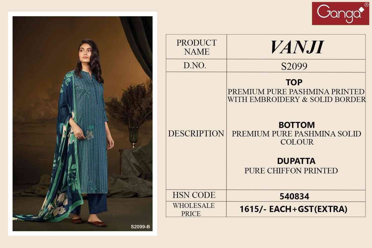 Vanji-2099 By Ganga Fashion 2099-A To 2099-D Series Beautiful Festive Suits Colorful Stylish Fancy Casual Wear & Ethnic Wear Pure Pashmina Embroidered Dresses At Wholesale Price