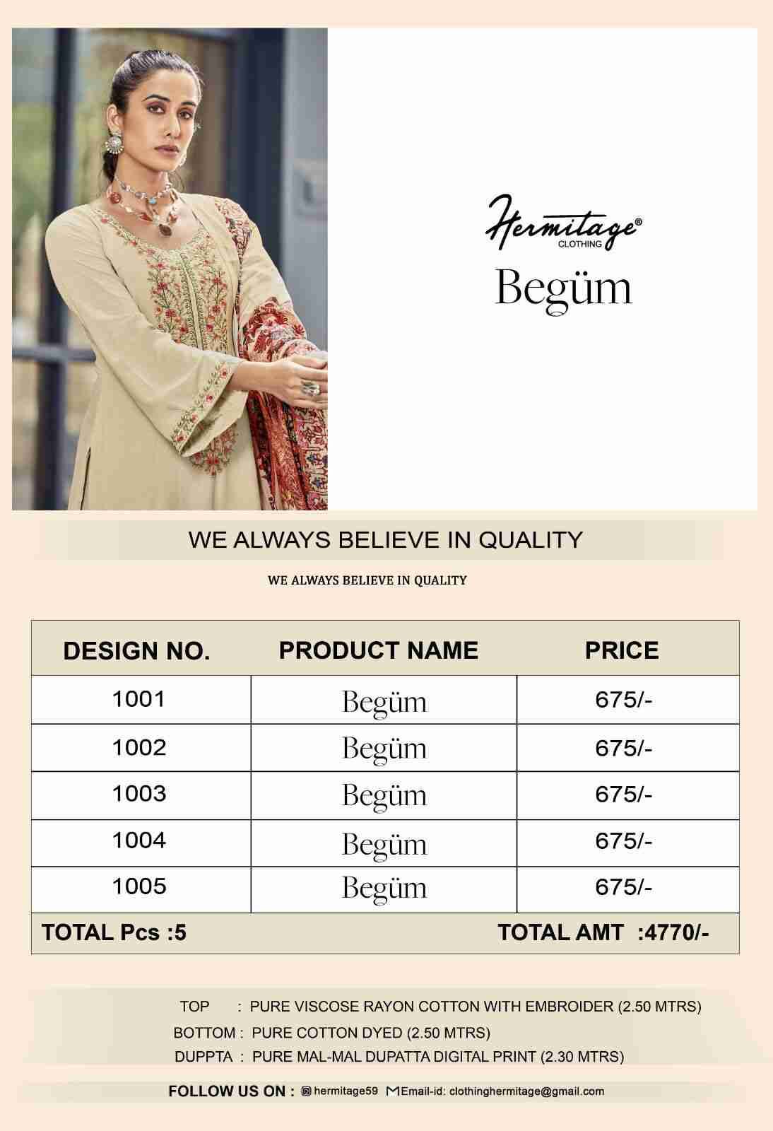 Begum By Hermitage 101 To 1005 Series Beautiful Festive Suits Stylish Fancy Colorful Party Wear & Occasional Wear Pure Viscose Rayon Cotton Dresses At Wholesale Price