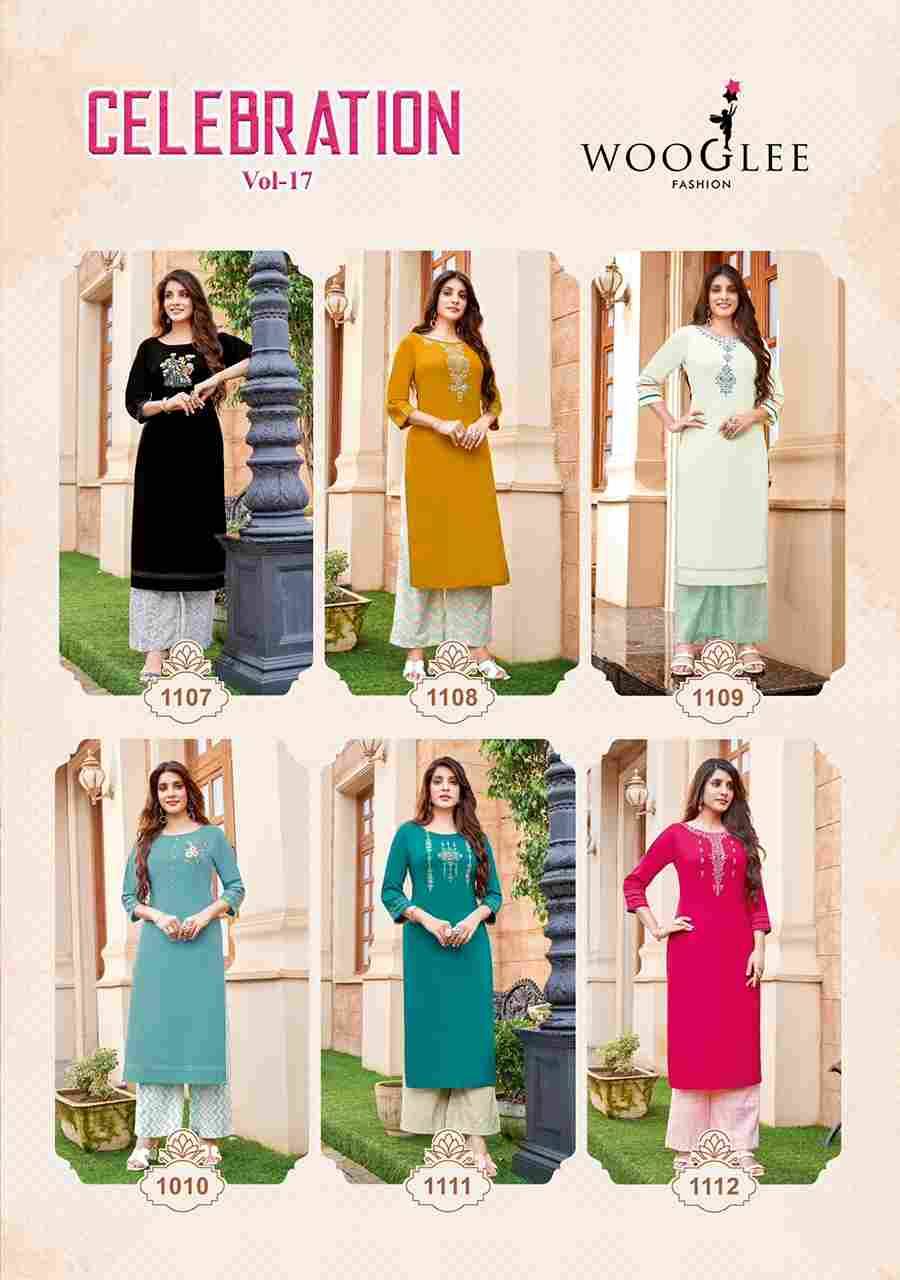 Celebration Vol-17 By Wooglee 1107 To 1112 Series Designer Festive Suits Collection Beautiful Stylish Fancy Colorful Party Wear & Occasional Wear Rayon Embroidered Kurtis With Bottom At Wholesale Price