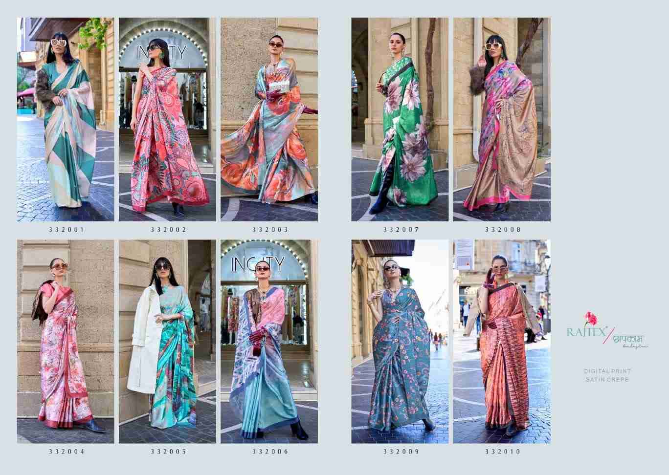 Klora By Raj Tex 332001 To 332010 Series Indian Traditional Wear Collection Beautiful Stylish Fancy Colorful Party Wear & Occasional Wear Satin Crepe Sarees At Wholesale Price