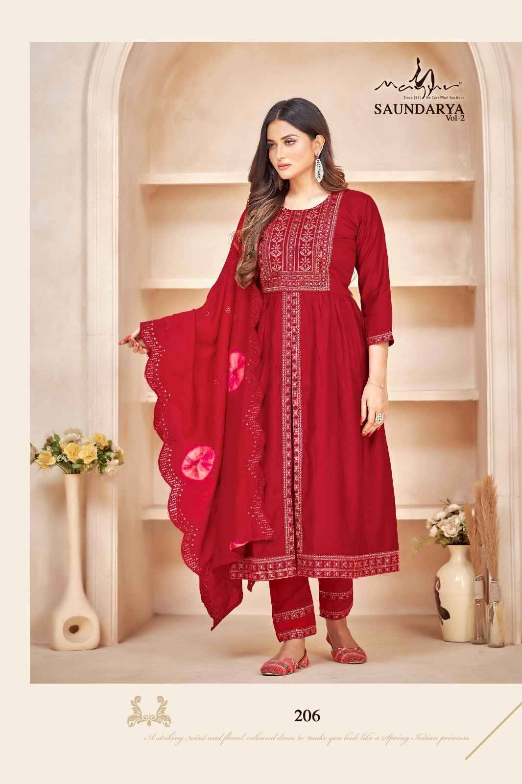 Saundarya Vol-2 By Mayur 201 To 206 Series Beautiful Stylish Festive Suits Fancy Colorful Casual Wear & Ethnic Wear & Ready To Wear Viscose Silk Embroidered Dresses At Wholesale Price