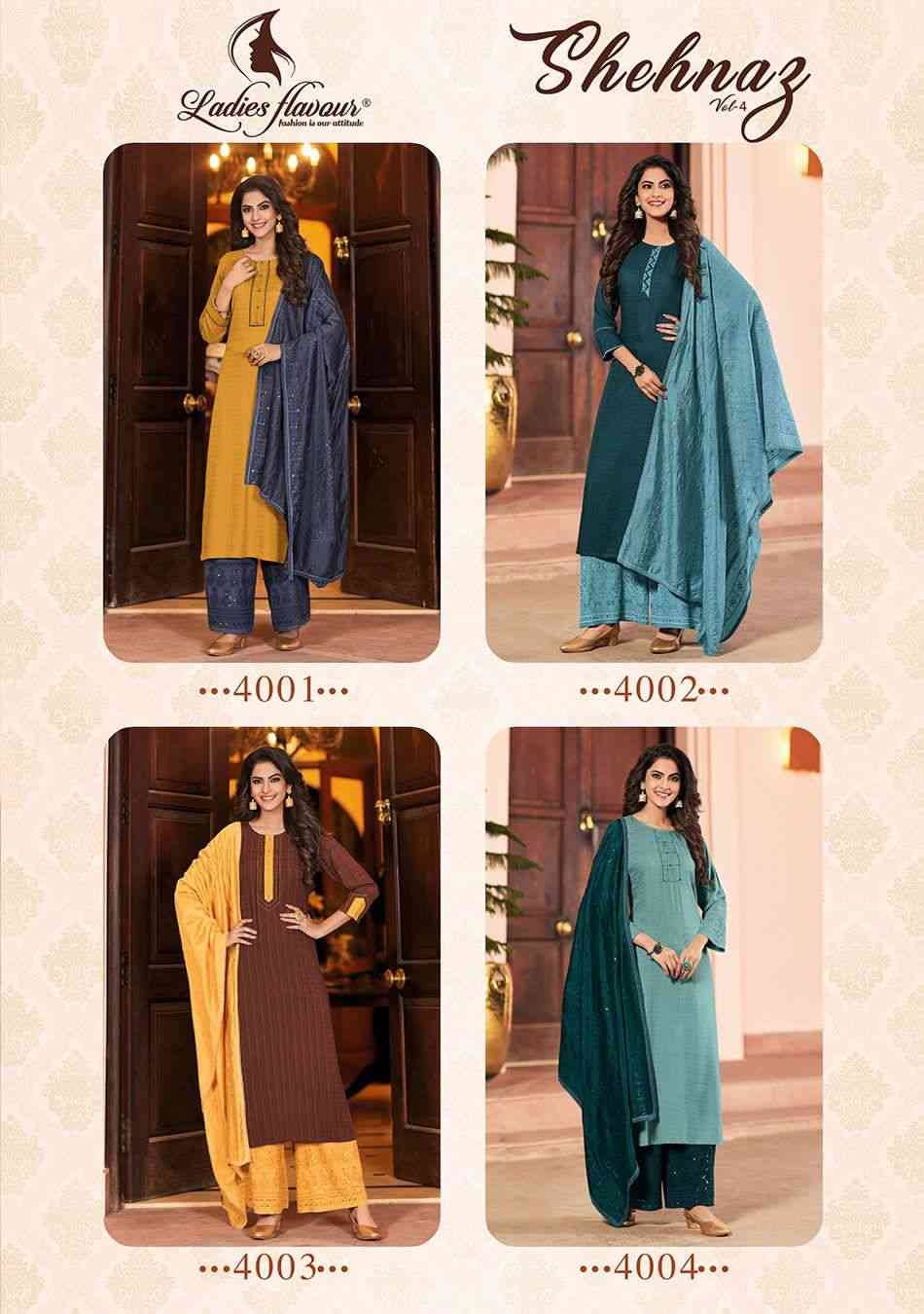 Shehnaz Vol-4 By Ladies Flavour 4001 To 4004 Series Designer Festive Suits Beautiful Stylish Fancy Colorful Party Wear & Occasional Wear Heavy Rayon With Work Dresses At Wholesale Price