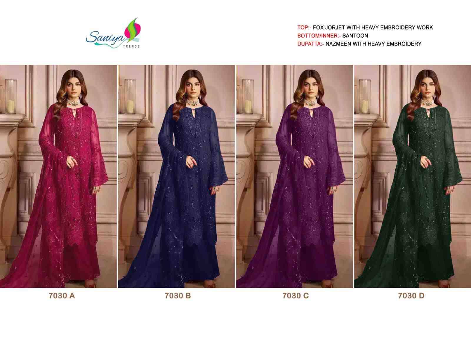 Saniya Trendz 7030 Colours By Saniya Trendz 7030-A To 7030-D Series Beautiful Stylish Pakistani Suits Fancy Colorful Casual Wear & Ethnic Wear & Ready To Wear Faux Georgette Embroidered Dresses At Wholesale Price