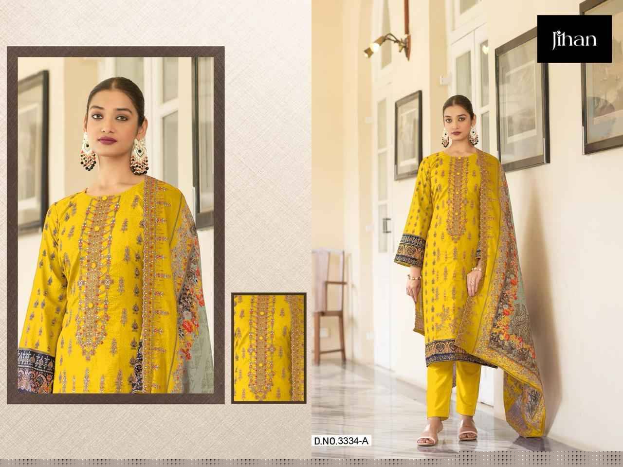 Jihan 3334 Colours By Jihan 3334 To 3334-D Series Beautiful Pakistani Suits Stylish Fancy Colorful Party Wear & Occasional Wear Pure Lawn Print With Embroidered Dresses At Wholesale Price