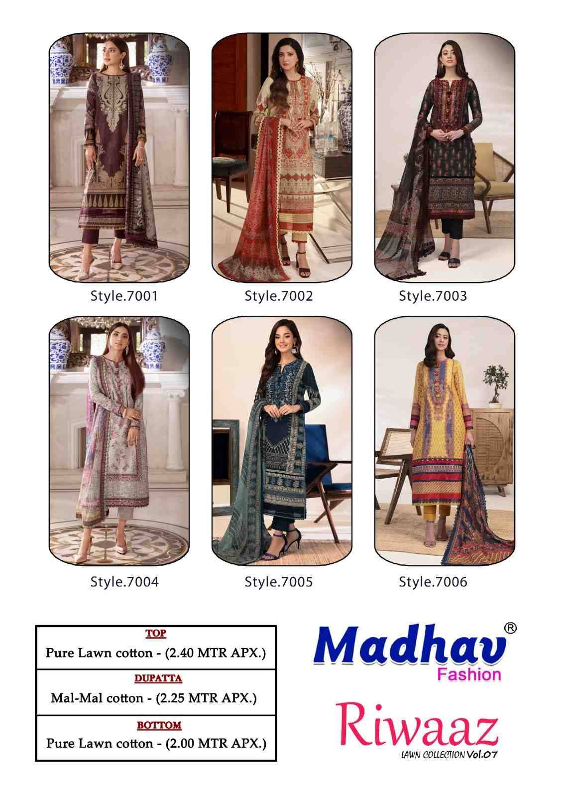 Riwaaz Vol-7 By Madhav Fashion 7001 To 7006 Series Beautiful Stylish Suits Fancy Colorful Casual Wear & Ethnic Wear & Ready To Wear Pure Lawn Cotton Dresses At Wholesale Price