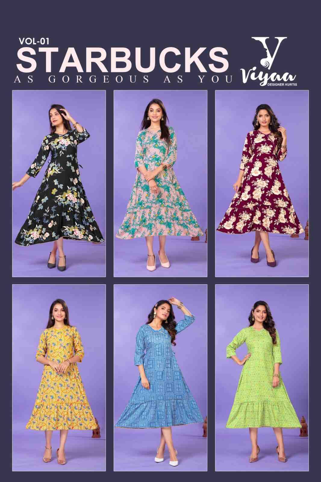 Starbucks Vol-1 By Viyaa Designer 1001 To 1006 Series Designer Festive Suits Collection Beautiful Stylish Fancy Colorful Party Wear & Occasional Wear Pure Rayon Kurtis At Wholesale Price