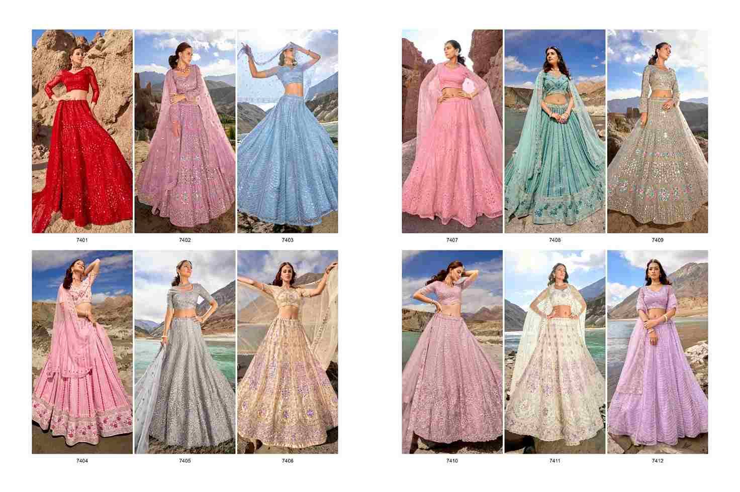 Girlish By M.N. Sarees 7401 To 7412 Series Bridal Wear Collection Beautiful Stylish Colorful Fancy Party Wear & Occasional Wear Net/Organza/Georgette Lehengas At Wholesale Price