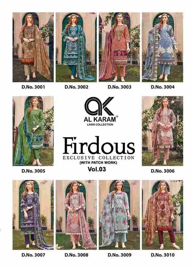Firdous Vol-3 By Al Karam Lawn Collection 3001 To 3010 Series Beautiful Stylish Pakistani Suits Fancy Colorful Casual Wear & Ethnic Wear & Ready To Wear Soft Cotton Dresses At Wholesale Price