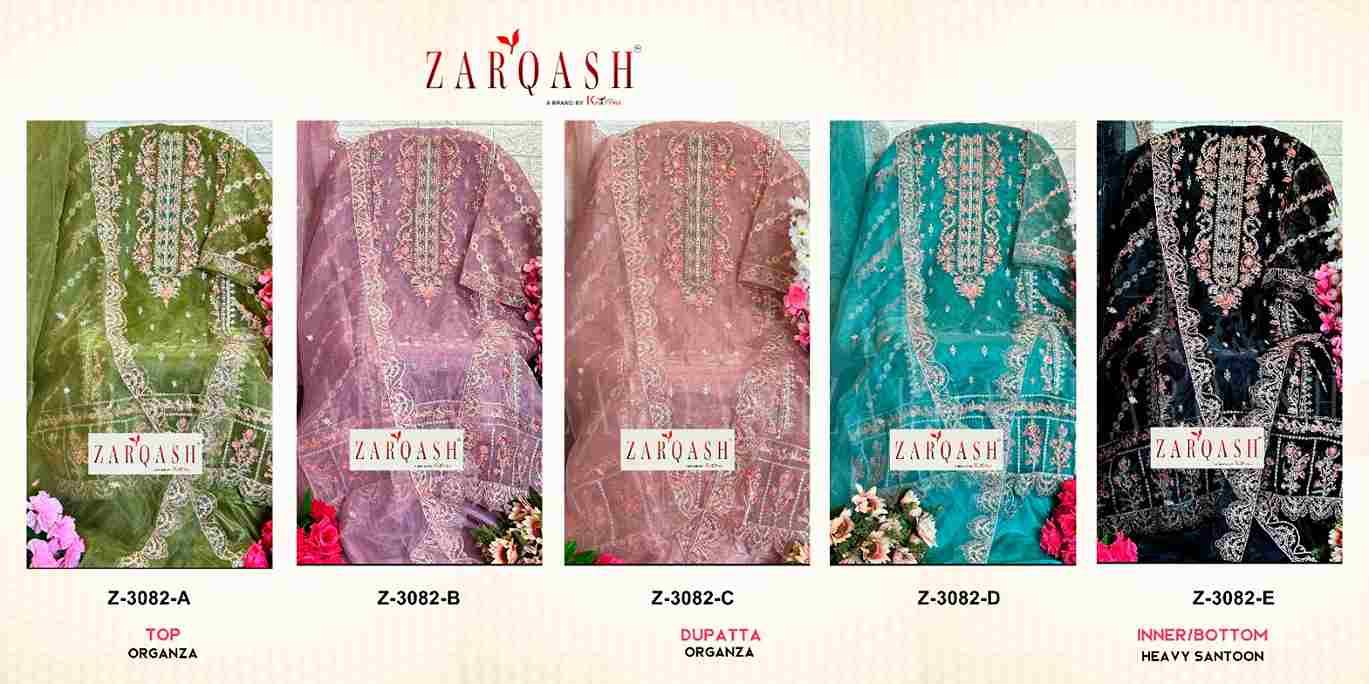 Zarqash Hit Design 3082 Colours By Zarqash 3082-A To 3082-E Series Designer Festive Pakistani Suits Collection Beautiful Stylish Fancy Colorful Party Wear & Occasional Wear Organza Embroidered Dresses At Wholesale Price