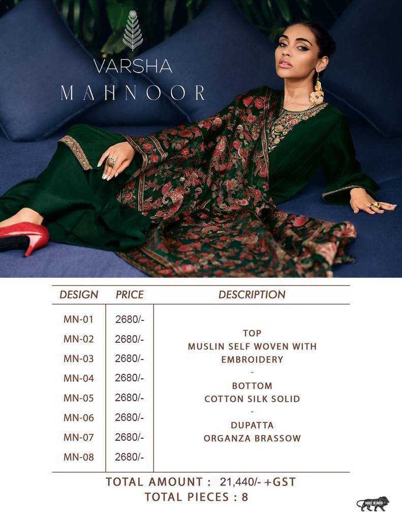 Mahnoor By Varsha 01 To 08 Series Beautiful Festive Suits Colorful Stylish Fancy Casual Wear & Ethnic Wear Muslin Embroidered Dresses At Wholesale Price