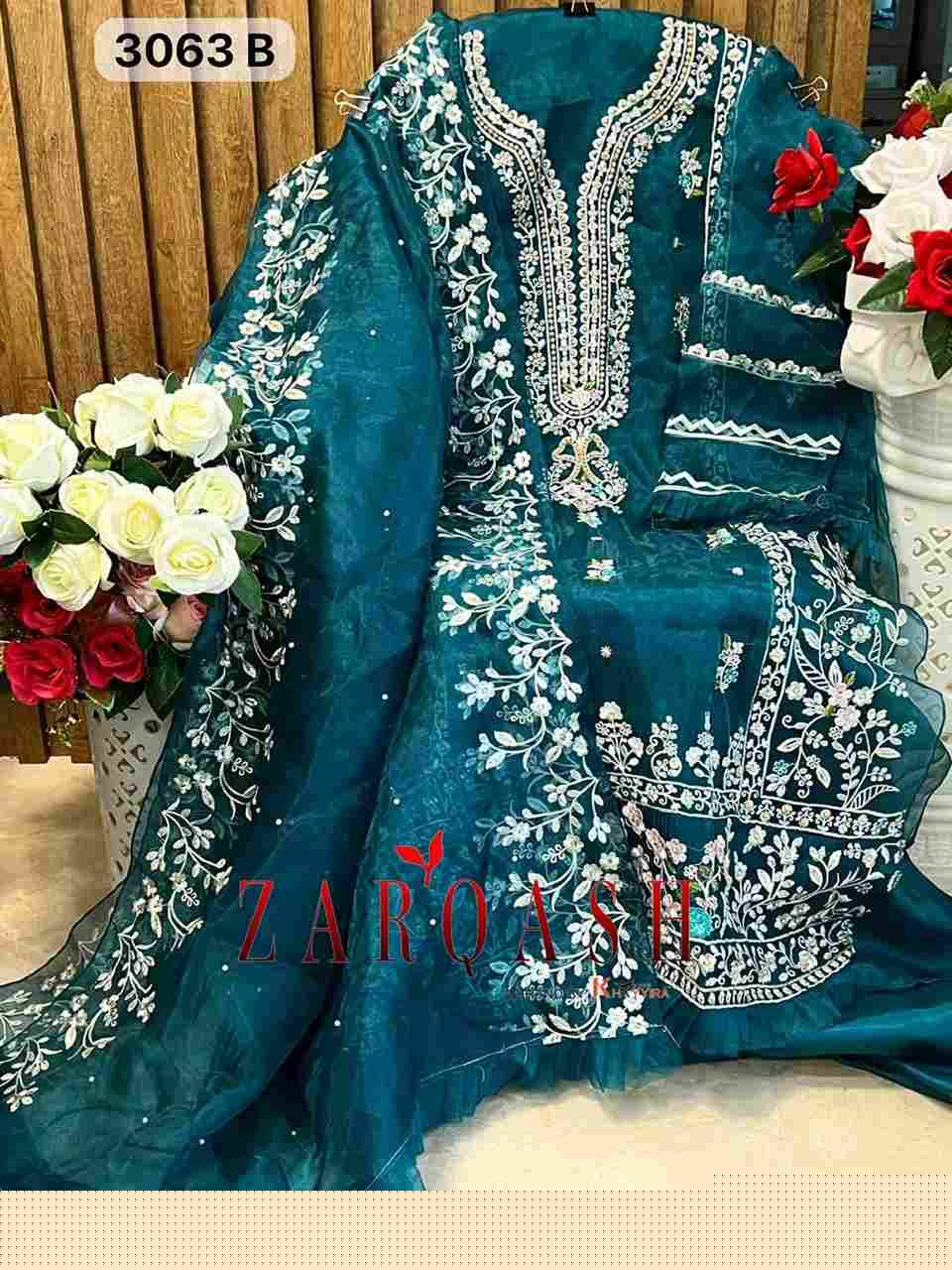 Zarqash Hit Design 3063 Colours By Zarqash 3063-A To 3063-D Series Designer Pakistani Suits Collection Beautiful Stylish Colorful Fancy Party Wear & Occasional Wear Organza Dresses At Wholesale Price