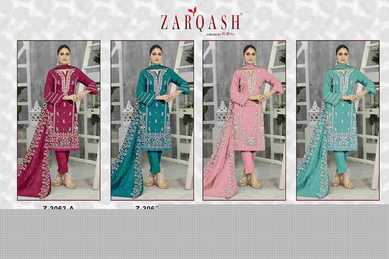 Zarqash Hit Design 3063 Colours By Zarqash 3063-A To 3063-D Series Designer Pakistani Suits Collection Beautiful Stylish Colorful Fancy Party Wear & Occasional Wear Organza Dresses At Wholesale Price