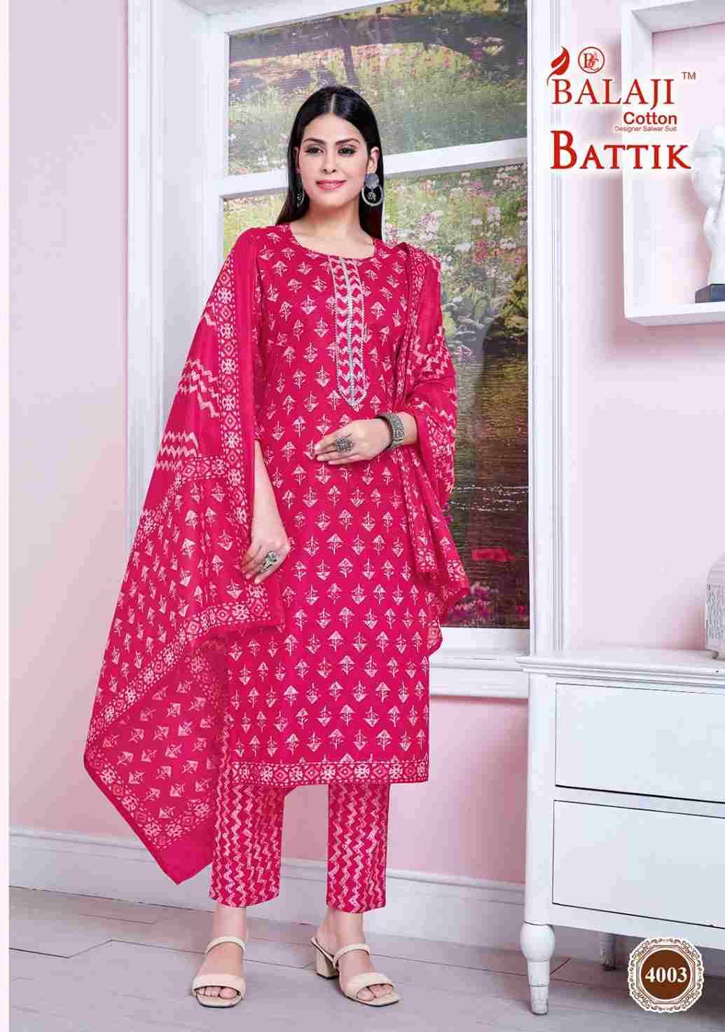 Battik Art Work Vol-4 By Balaji Cotton 4001 To 4012 Series Beautiful Festive Suits Stylish Fancy Colorful Casual Wear & Ethnic Wear Pure Cotton Print Dresses At Wholesale Price