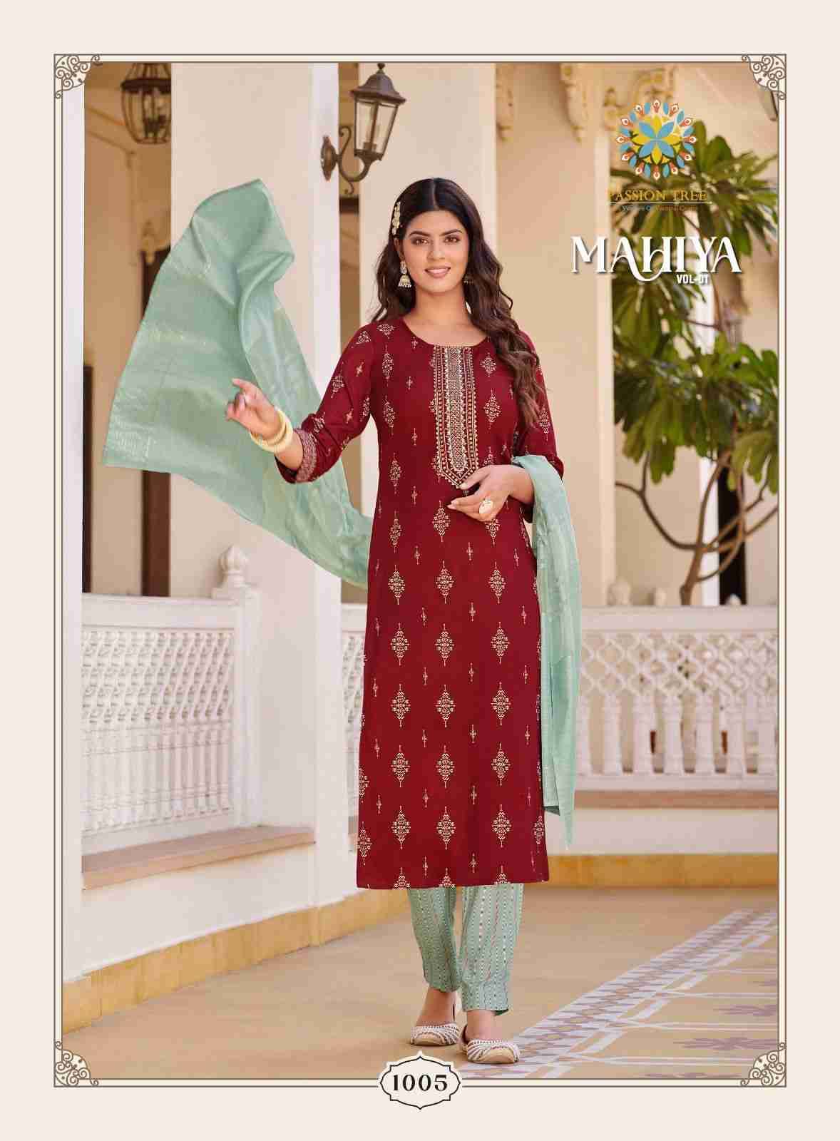 Mahiya Vol-1 By Passion Tree 1001 To 1008 Series Designer Suits Beautiful Stylish Fancy Colorful Party Wear & Occasional Wear Rayon Print Dresses At Wholesale Price