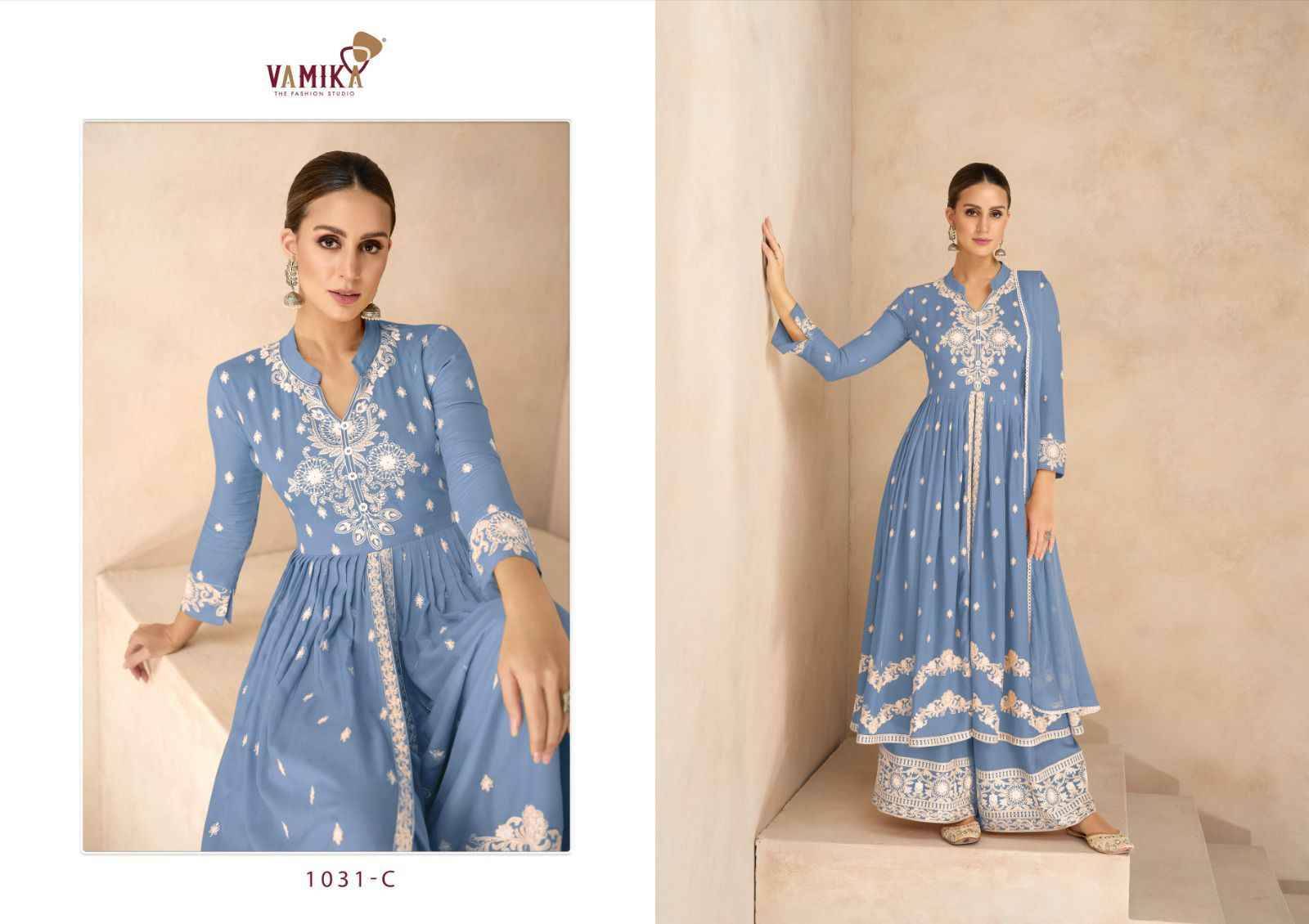 Lakhnavi Vol-6 Gold By Vamika 1031-A To 1031-E Series Beautiful Stylish Sharara Suits Fancy Colorful Casual Wear & Ethnic Wear & Ready To Wear Pure Rayon Printed Dresses At Wholesale Price
