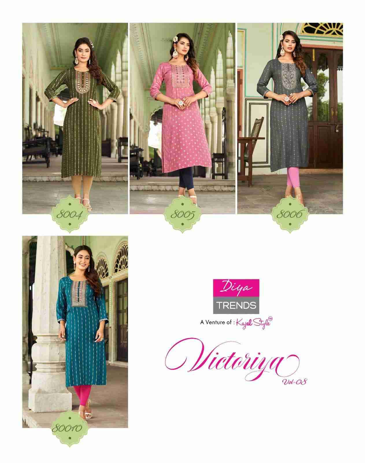 Victoriya Vol-8 By Diya Trends 8001 To 8010 Series Designer Festive Suits Collection Beautiful Stylish Fancy Colorful Party Wear & Occasional Wear Rayon Print Kurtis At Wholesale Price