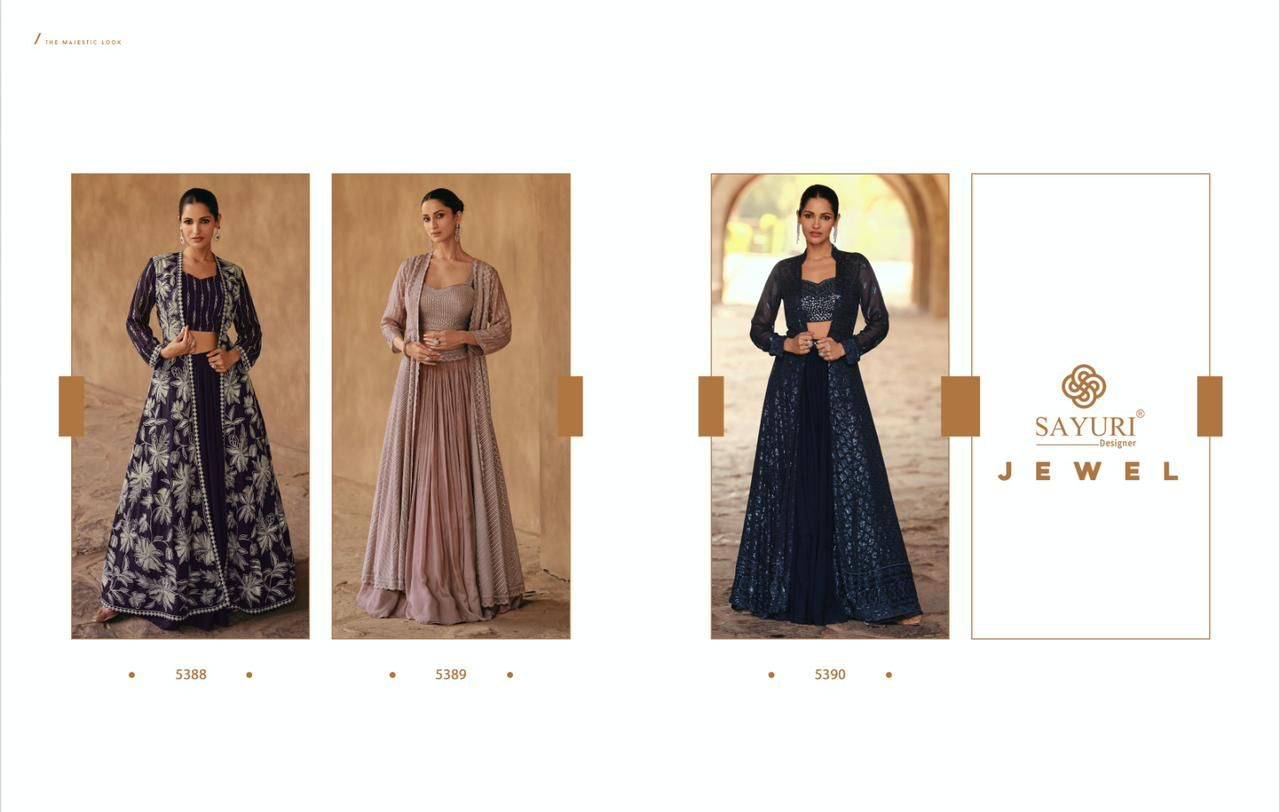 Jewel By Sayuri 5388 To 5390 Series Bridal Wear Collection Beautiful Stylish Colorful Fancy Party Wear & Occasional Wear Chinnon Silk/Georgette Lehengas At Wholesale Price