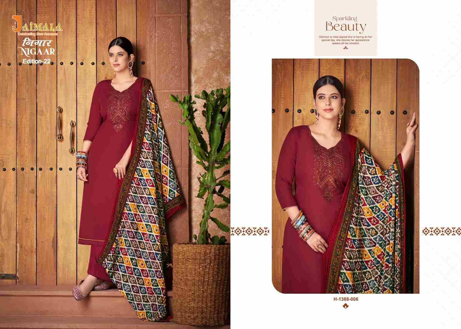 Nigaar Vol-22 By Jaimala 1388-001 To 1388-008 Series Beautiful Festive Suits Colorful Stylish Fancy Casual Wear & Ethnic Wear Pure Rayon Slub With Work Dresses At Wholesale Price