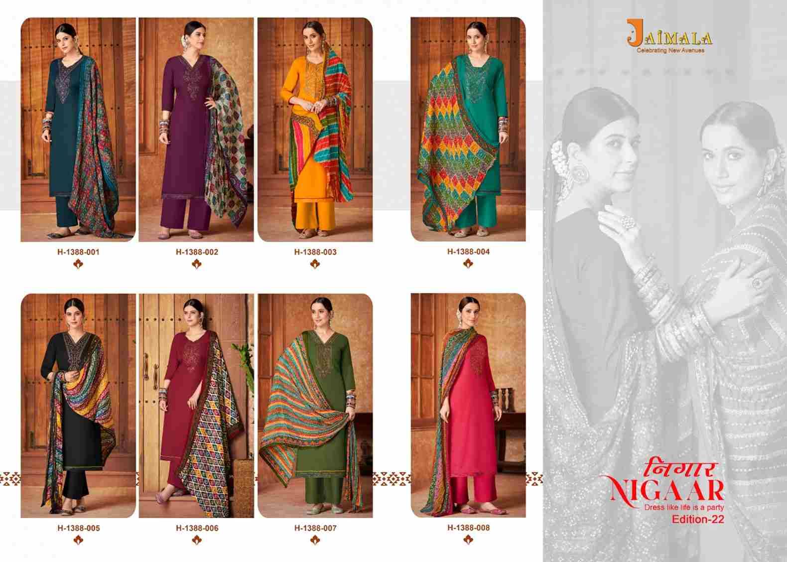 Nigaar Vol-22 By Jaimala 1388-001 To 1388-008 Series Beautiful Festive Suits Colorful Stylish Fancy Casual Wear & Ethnic Wear Pure Rayon Slub With Work Dresses At Wholesale Price