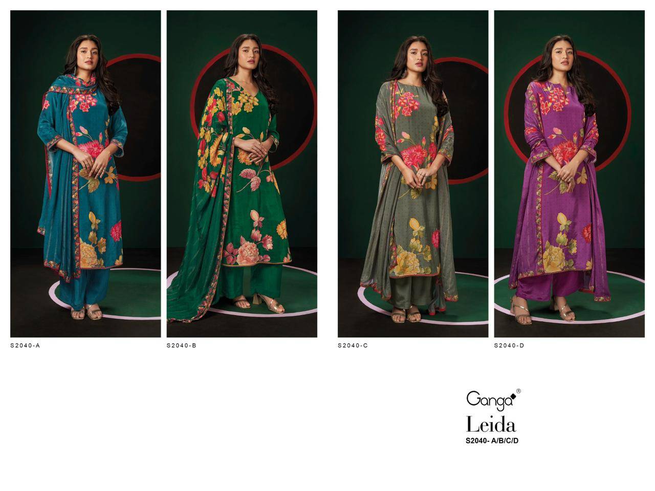 Leida-2040 By Ganga Fashion 2040-A To 2040-D Series Beautiful Festive Suits Colorful Stylish Fancy Casual Wear & Ethnic Wear Pure Silk Dresses At Wholesale Price