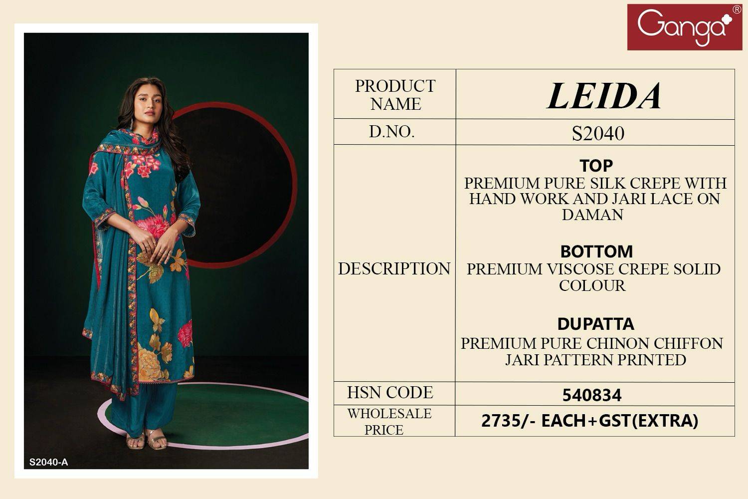 Leida-2040 By Ganga Fashion 2040-A To 2040-D Series Beautiful Festive Suits Colorful Stylish Fancy Casual Wear & Ethnic Wear Pure Silk Dresses At Wholesale Price