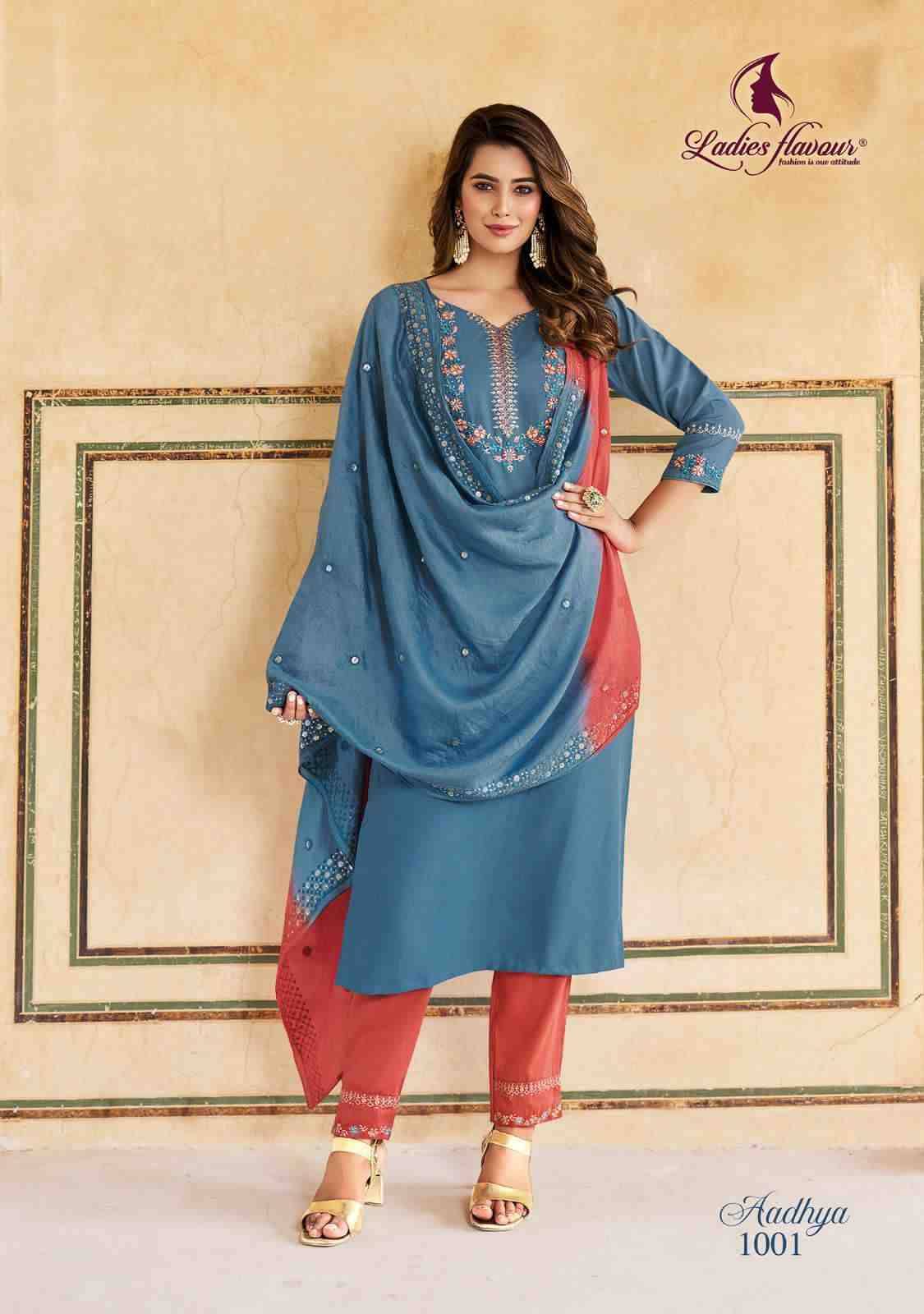 Aadhya By Ladies Flavour 1001 To 1006 Series Beautiful Festive Suits Colorful Stylish Fancy Casual Wear & Ethnic Wear Heavy Chinnon Embroidered Dresses At Wholesale Price