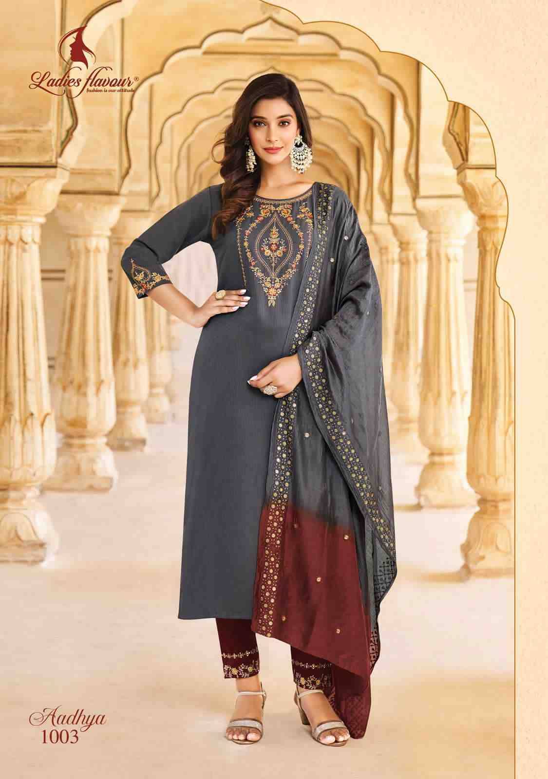 Aadhya By Ladies Flavour 1001 To 1006 Series Beautiful Festive Suits Colorful Stylish Fancy Casual Wear & Ethnic Wear Heavy Chinnon Embroidered Dresses At Wholesale Price