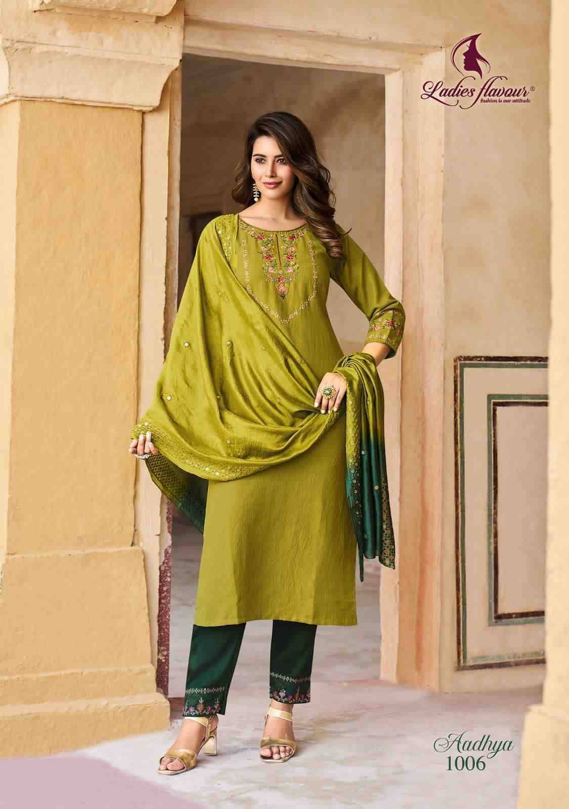 Aadhya By Ladies Flavour 1001 To 1006 Series Beautiful Festive Suits Colorful Stylish Fancy Casual Wear & Ethnic Wear Heavy Chinnon Embroidered Dresses At Wholesale Price