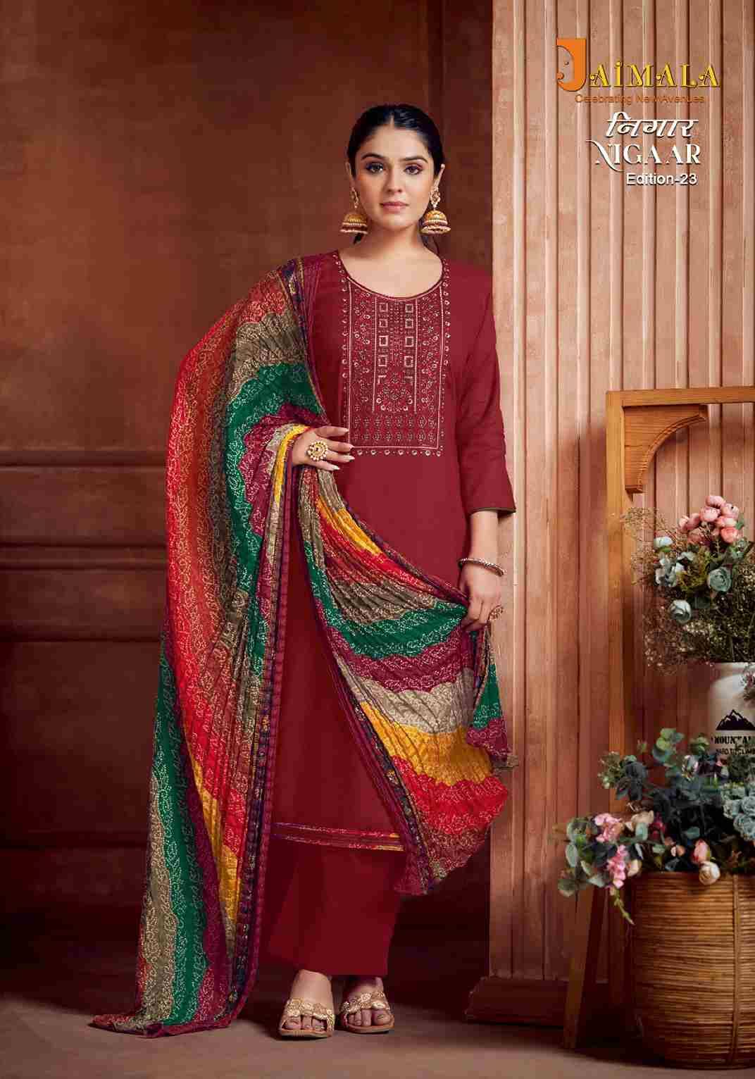 Nigaar Vol-23 By Jaimala 1438-001 To 1438-008 Series Beautiful Festive Suits Colorful Stylish Fancy Casual Wear & Ethnic Wear Pure Rayon Slub With Work Dresses At Wholesale Price