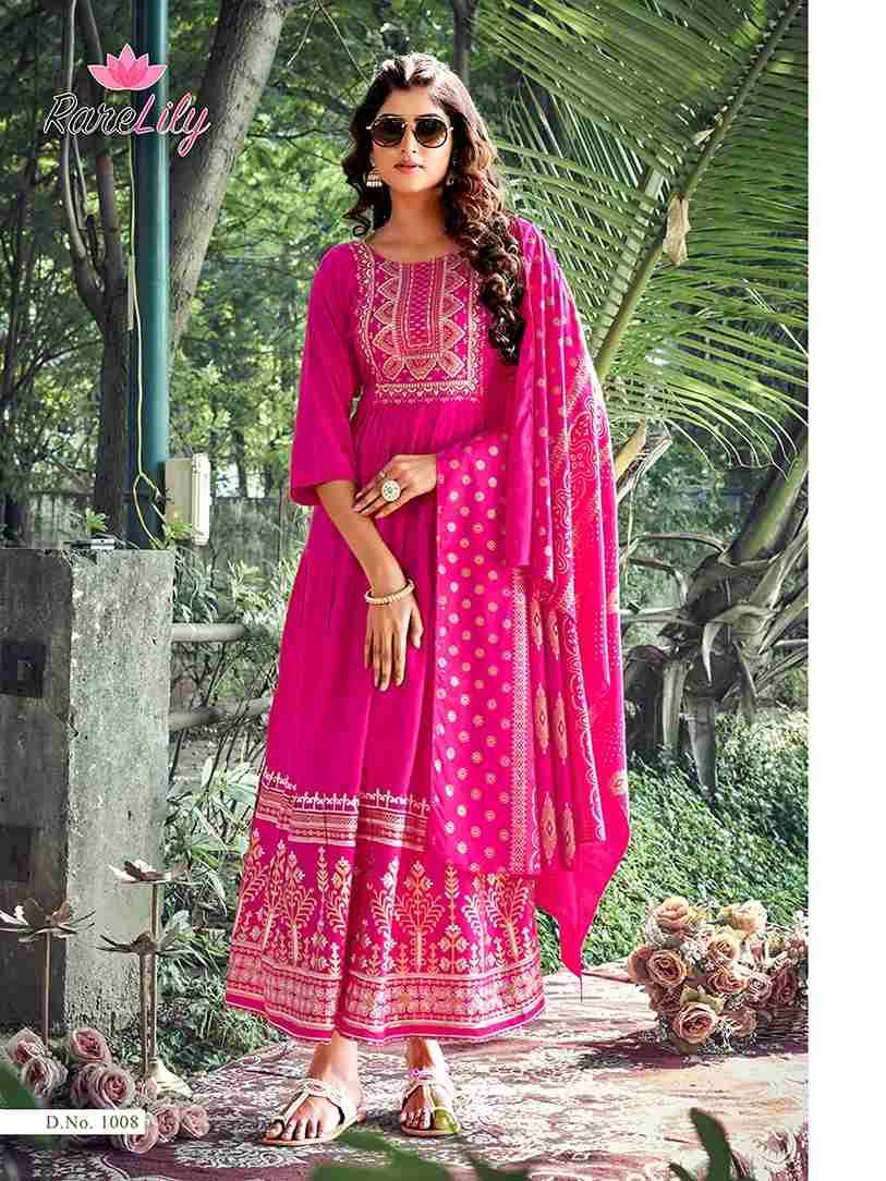Avantika By Rare Lily 1001 To 1008 Series Beautiful Stylish Fancy Colorful Casual Wear & Ethnic Wear Rayon Foil Gowns With Dupatta At Wholesale Price