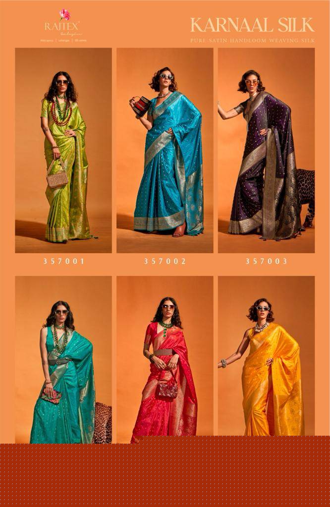 Karnaal Silk By Raj Tex 357001 To 357006 Series Indian Traditional Wear Collection Beautiful Stylish Fancy Colorful Party Wear & Occasional Wear Satin Silk Sarees At Wholesale Price