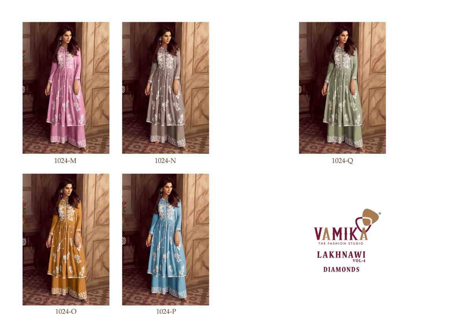 Lakhnawi Vol-4 Diamond By Vamika 1024-M To 1024-Q Series Beautiful Stylish Suits Fancy Colorful Casual Wear & Ethnic Wear & Ready To Wear Heavy Rayon Dresses At Wholesale Price