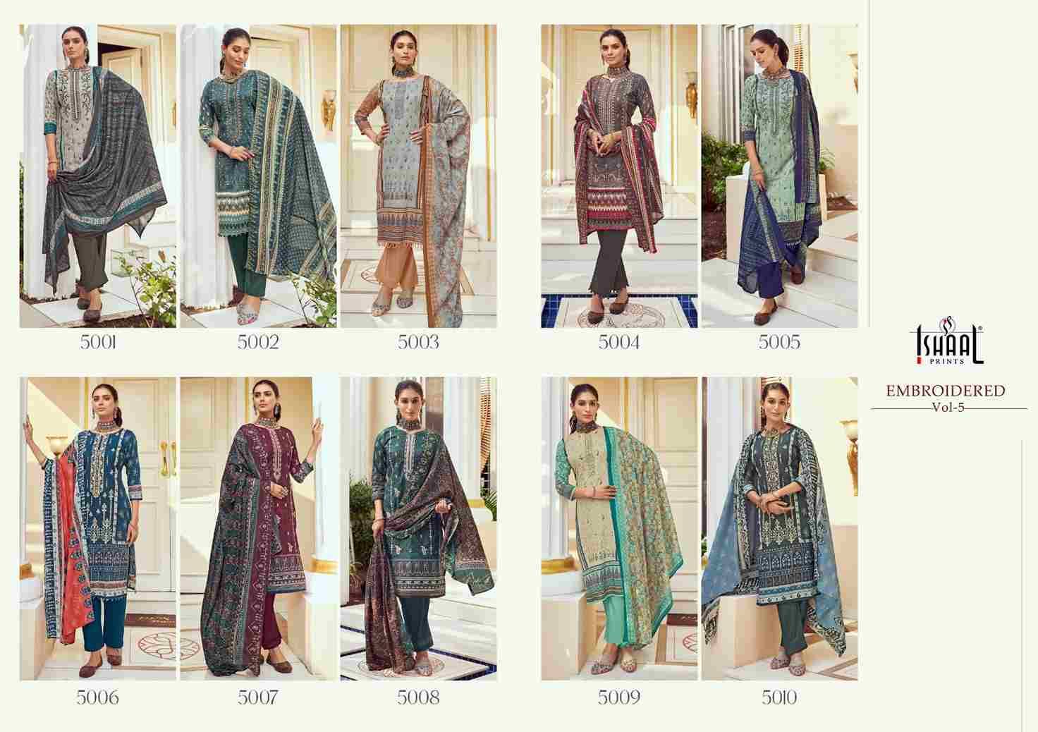 Embroidered Vol-5 By Ishaal Prints 5001 To 5010 Series Beautiful Suits Colorful Stylish Fancy Casual Wear & Ethnic Wear Pure Lawn Printed Dresses At Wholesale Price
