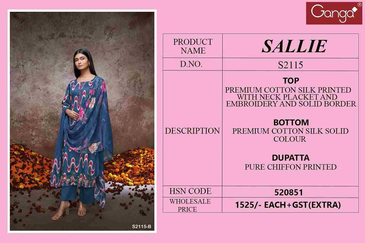Sallie-2115 By Ganga Fashion 2115-A To 2115-D Series Beautiful Festive Suits Colorful Stylish Fancy Casual Wear & Ethnic Wear Cotton Silk Dresses At Wholesale Price