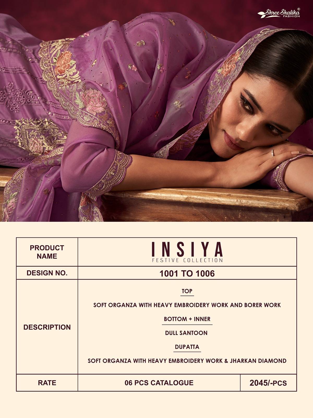 Insiya By Shree Shalika Fashion 1001 To 1006 Series Beautiful Festive Suits Colorful Stylish Fancy Casual Wear & Ethnic Wear Soft Organza Dresses At Wholesale Price