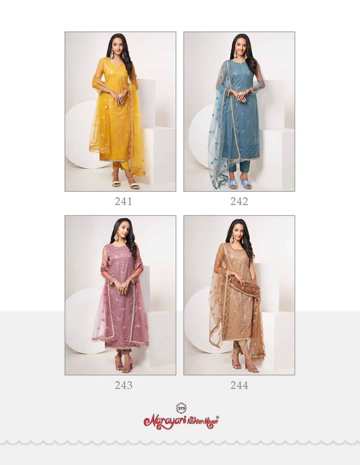 Zehra Vol-6 By Narayani Fashion House 241 To 244 Series Designer Festive Suits Beautiful Fancy Colorful Stylish Party Wear & Occasional Wear Net Embroidered Dresses At Wholesale Price