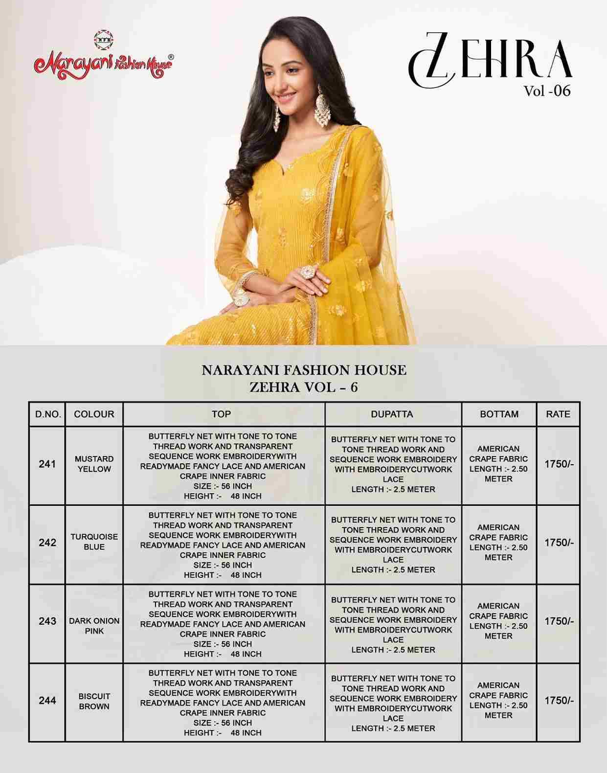 Zehra Vol-6 By Narayani Fashion House 241 To 244 Series Designer Festive Suits Beautiful Fancy Colorful Stylish Party Wear & Occasional Wear Net Embroidered Dresses At Wholesale Price