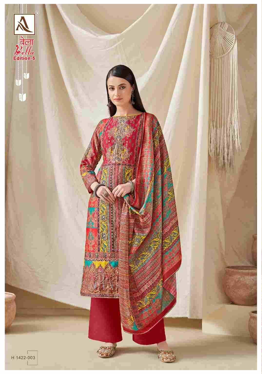 Bella Vol-5 By Alok Suit 1422-001 To 1422-005 Series Beautiful Festive Suits Colorful Stylish Fancy Casual Wear & Ethnic Wear Pure Muslin Print With Work Dresses At Wholesale Price