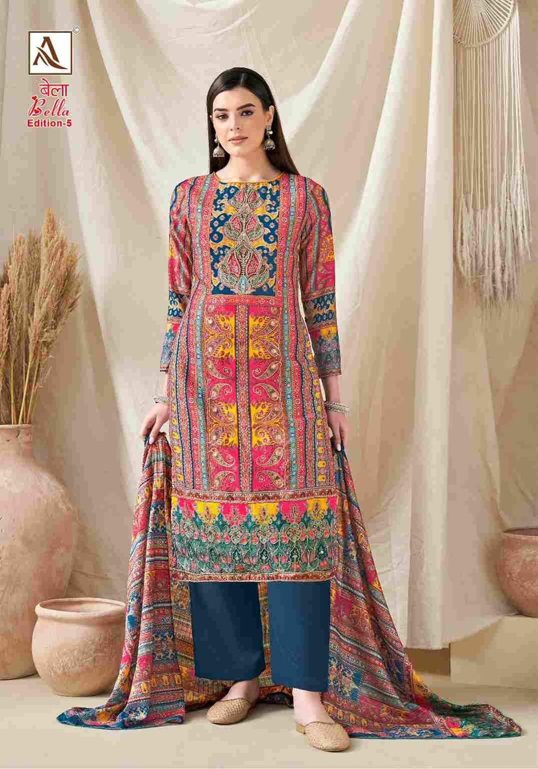 Bella Vol-5 By Alok Suit 1422-001 To 1422-005 Series Beautiful Festive Suits Colorful Stylish Fancy Casual Wear & Ethnic Wear Pure Muslin Print With Work Dresses At Wholesale Price