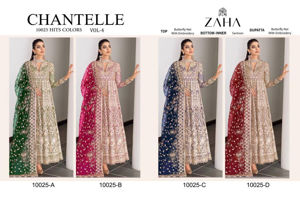 Chantelle Vol-4 Colours By Zaha 10025-A To 10025-D Series Designer Pakistani Suits Beautiful Fancy Stylish Colorful Party Wear & Occasional Wear Net With Embroidery Dresses At Wholesale Price