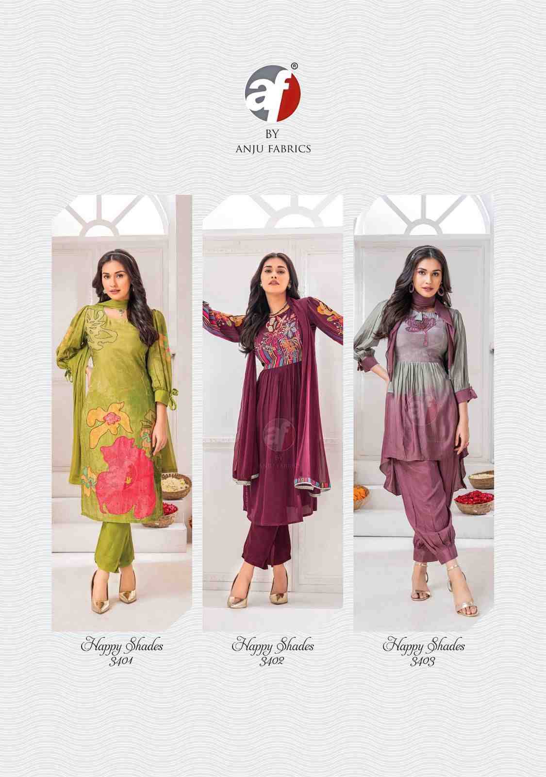 Happy Shades By Anju Fabrics 3401 To 3406 Series Beautiful Pakistani Suits Colorful Stylish Fancy Casual Wear & Ethnic Wear Natural Crepe Dresses At Wholesale Price
