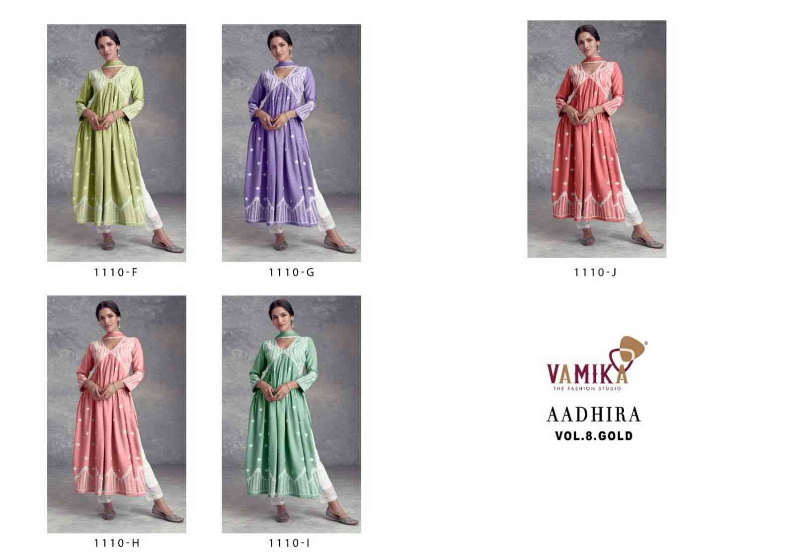 Aadhira Vol-8 Gold By Vamika 1110-F To 1110-J Series Beautiful Festive Suits Colorful Stylish Fancy Casual Wear & Ethnic Wear Pure Viscose Rayon Embroidery Dresses At Wholesale Price