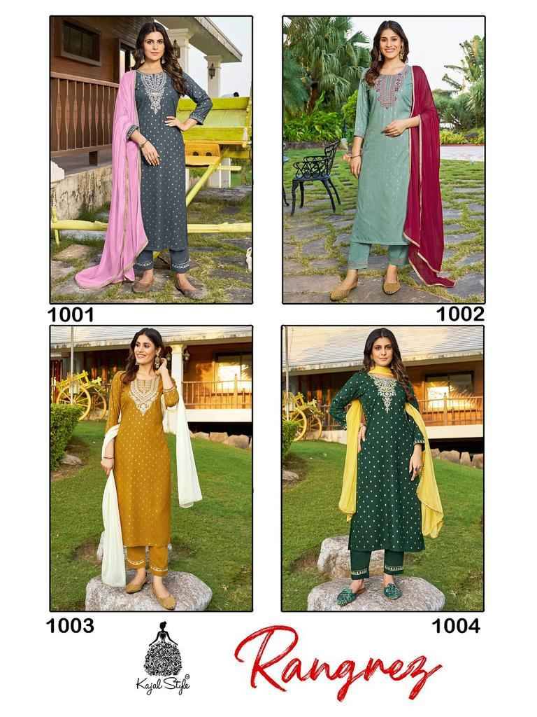Rangrez By Kajal Style 1001 To 1004 Series Beautiful Festive Suits Colorful Stylish Fancy Casual Wear & Ethnic Wear Rayon Foil Dresses At Wholesale Price
