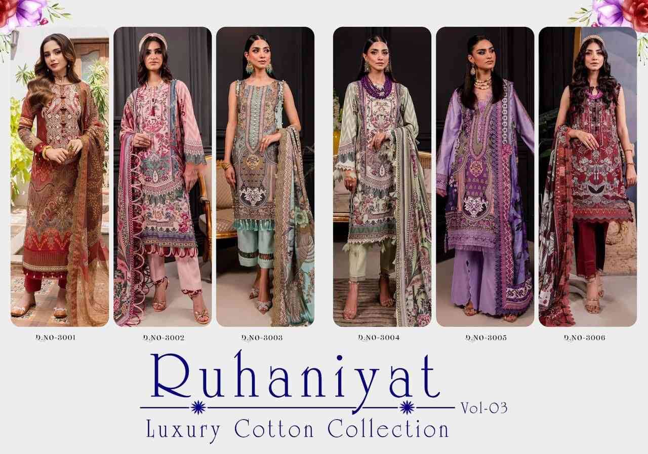 Ruhaniyat Vol-3 By Fashid Wholesale 3001 To 3006 Series Beautiful Suits Colorful Stylish Fancy Casual Wear & Ethnic Wear Pure Cotton Embroidered Dresses At Wholesale Price